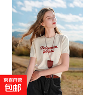 春季新款白色彩點(diǎn)字母棉毛衫圓領(lǐng)針織衫短袖套頭上衣女HU37 米白色 S