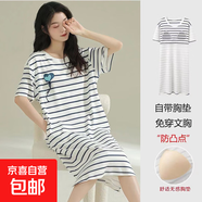 夏天帶胸墊睡裙女夏季女短袖薄款一體式睡衣女士可外穿連衣裙睡裙 條紋氣球【夏季寬松睡裙】 2XL