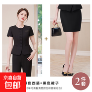 短袖西裝套裝女薄款夏季酒店前臺(tái)珠寶店工裝美容院前臺(tái)經(jīng)理工作服 黑色外套+半身裙 2XL
