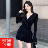 純欲風(fēng)性感V領(lǐng)長(cháng)袖連衣裙女春季2025新款顯瘦荷葉邊黑色包臀短裙 黑色 XL