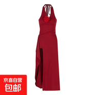 紅色立體花朵掛脖連衣裙女夏季修身禮服長(zhǎng)裙純欲收腰開(kāi)叉包臀裙子 紅色 S