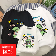 純棉親子裝高端夏裝一家三口四口夏季母子女裝2025新款潮短袖T恤 黑色-恐龍蠟筆小新 130 童裝