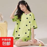 清涼夏季睡衣女圓領休閑女生短袖七分褲仿棉寬松外穿運動裝家居服 D.M-145短七青色波點 L