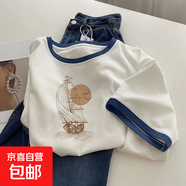 短袖t恤女夏季新款時(shí)尚美式復(fù)古印花撞色圓領(lǐng)上衣爆款通勤體恤CY 67款藍(lán)領(lǐng)【高品質(zhì)】 L  建議105-120斤