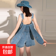 減齡氣質(zhì)兔耳朵牛仔背帶短褲女2025夏季薄款大碼洋氣連體褲胖妹妹 藍(lán)色 3XL