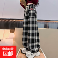 女童格子闊腿褲秋季2025新款兒童夏季褲子薄款女大童春秋直筒長褲 LXH-A73【黑色】春秋款 150cm