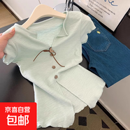 韓系氣質(zhì)蝴蝶結綁帶翻領(lǐng)短袖T恤女夏季設計感修身顯瘦短款上衣潮 163綠色 均碼