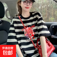 條紋短袖t恤女2025夏季寬松韓版半袖圓領(lǐng)百搭顯瘦上 黑色條紋30079 XL