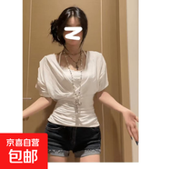 大碼美式純欲辣妹T恤收腰短袖上衣女夏季胖mm蕾絲掛脖吊帶兩件套 白色【兩件套】 2XL