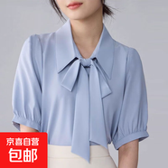 港風(fēng)夏季蝴蝶結短袖白襯衫女甜美垂感襯衣 0159【系帶藍色短袖】 L 建議【111-120】斤