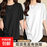 中長(zhǎng)款弧形下擺短袖T恤女士夏季新款圓領(lǐng)顯瘦寬松打底衫純棉上衣 518-黑色+白色 XL