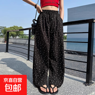 女童波點褲子夏季2025新款兒童夏裝休閑直筒褲大童女孩冰絲闊腿褲 黑色 150