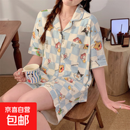 睡衣女夏季薄款仿棉開(kāi)衫短袖短褲套裝學(xué)生甜美可愛(ài)外穿翻領(lǐng)家居服 Q91207 L 女
