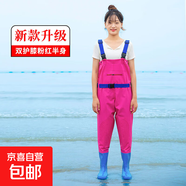 女士下水褲半身連體抓捕魚(yú)沙灘雨靴大童防水服雨褲雨衣 女款粉紅雙護膝半身 均碼 37