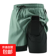 跨境假兩件運動(dòng)三分褲防走光雙層運動(dòng)三分褲男女情侶跑步短褲戶(hù)外 軍綠 1920 2XL