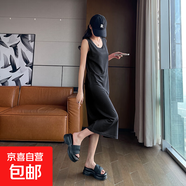 夏季無(wú)袖韓版寬松純色長(zhǎng)裙背心連衣裙背心針織高級(jí)感休閑過(guò)膝長(zhǎng)裙 黑色 S