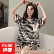 日系睡衣女云朵棉夏季短袖短褲少女高級感休閑潮流外穿家居服套裝 S千鳥格短套 XL