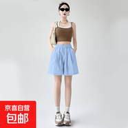 【速干】2025新款夏季女裝休閑闊腿褲高腰百搭冰絲短褲女褲 K01-天藍色 2XL 建議135-145斤