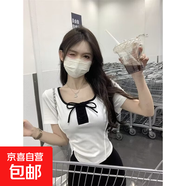 純欲風(fēng)蝴蝶結短袖t恤女2025夏季日系正肩小衫修身顯瘦百搭短款DM 螞蟻T05白色 L