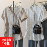 夏季新款扎染獨特設計短袖t恤女大碼寬松胖mm顯瘦遮肚V領(lǐng)百搭上衣 K24-卡其色+白色 3XL 建議體重150-170斤