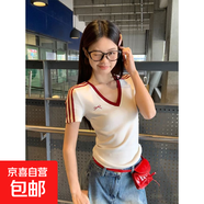 美式辣妹黃色v領(lǐng)正肩棉質(zhì)短袖T恤女夏季運動(dòng)風(fēng)修身短款撞色上衣女 1047白拼紅 XL 【建議110-120斤】