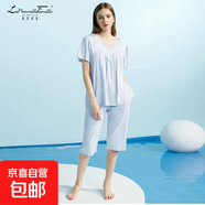 莫代爾棉睡衣女套裝帶胸墊睡裙短袖七分褲夏季女士家居服kdxs 套裝-水藍(lán) （帶胸墊） M (160) 建議體重90-110斤
