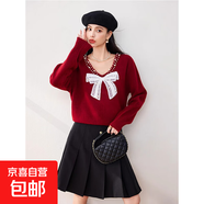 錦裳淑韓版溫柔V領(lǐng)蝴蝶結(jié)釘珠針織衫女氣質(zhì)百搭顯瘦上衣XH933 紅色 XL