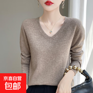 秋季套頭長(cháng)袖V領(lǐng)羊毛衫氣質(zhì)洋氣內搭打底衫純色羊毛上衣 原絨駝 M