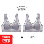 中老年媽媽背心夏季薄款無(wú)鋼圈大碼舒適無(wú)痕透氣女士花紋印花文胸 藍色+藍色--超值2件裝 3XL (建議171-200斤)