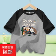 撞色插肩袖短袖t恤男女孩2025新款寬松洋氣拼接上衣服圓領(lǐng)體恤ins 105-黑拼灰-xd11 110