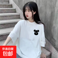 五分袖t恤女2025夏季新款潮牌韓版寬松休閑學(xué)生潮流百搭上衣潮SN 左側熊頭五分袖圓T白色 L