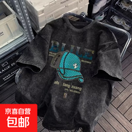 復古重磅短袖t恤男士夏季美式潮牌流寬松男款夏天潮流半袖上衣服 黑灰色 ZS207 2XL (建議體重130-145斤左右）