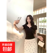 新中式國風(fēng)純欲氣質(zhì)針織衫女夏收腰短袖上衣 106黑色 M