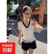 美式辣妹黃色v領(lǐng)正肩棉質(zhì)短袖T恤女夏季運動(dòng)風(fēng)修身短款撞色上衣女 1047白拼黑 M 【建議90-100斤】