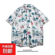 東南亞夏威夷短袖花襯衫五分袖男女同款情侶沙灘度假夏季碎花襯衣 5121白色 L