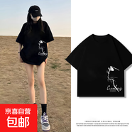 黑色短袖女t恤夏2025夏季220克純棉半袖大碼女裝胖mm寬松上衣Y 2167黑色(h側臉貓左下標) 2XL