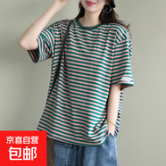 2025夏季新款寬松上衣條紋短袖T恤女上衣百搭半袖體恤復古 綠色條紋 L