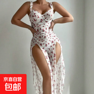 歐美新款情趣內衣性感女式印花露背開(kāi)叉上款睡裙套裝  衣服+內褲 白色 S