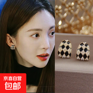 s925銀針菱形耳環(huán)女氣質(zhì)感珍珠棋盤(pán)格耳釘輕奢小眾設計感耳飾 主圖款