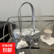 通勤大容量蝴蝶結(jié)包包女2025新款保齡球包單肩腋下包手提枕頭包 銀色