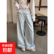蕾絲花邊拼接藍(lán)色格子寬松直筒褲女闊腿褲春秋季2025新款高腰長(zhǎng)褲 藍(lán)色(整件燙) 3XL 【建議140-155斤】