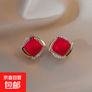 S925銀針韓國氣質仙女風幾何感珍珠耳飾女個性方形耳環(huán) 紅色(耳釘款)