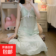 帶胸墊睡衣女夏云朵棉吊帶睡裙甜美公主韓版花邊家居服中裙純欲風(fēng) 240701薄荷綠色 M