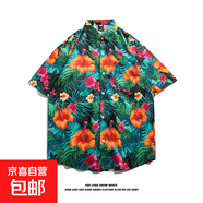 東南亞夏威夷短袖花襯衫五分袖男女同款情侶沙灘度假夏季碎花襯衣 5102黑色 2XL