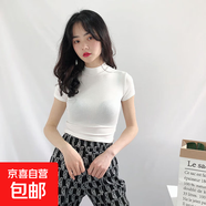 歐美風(fēng)辣妹時(shí)尚緊身高領(lǐng)短袖打底衫女內搭修身高腰短款T恤上衣 白色 M