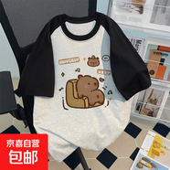 女童短袖T恤夏季寬松2025新款兒童撞色插肩袖拼接設計簡(jiǎn)約上衣潮 黑拼白灰 黑拼白灰 150 cm