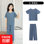兒童睡衣冰絲莫代爾套裝女童面膜親子男童夏季薄款無(wú)痕空調(diào)家居服 女款-藍(lán)色 3XS （100碼 25-35斤）