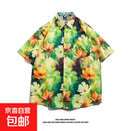 東南亞夏威夷短袖花襯衫五分袖男女同款情侶沙灘度假夏季碎花襯衣 5101綠色 2XL