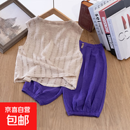 男童背心套裝女童新款洋氣兒童防蚊褲兩件套男孩無(wú)袖夏裝七分褲潮 燕麥色+紫色七分褲 140
