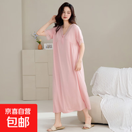 睡裙女夏季莫代爾短袖半袖長(cháng)裙冰絲涼感睡衣感胖mm大碼中長(cháng)款 Z5906 L